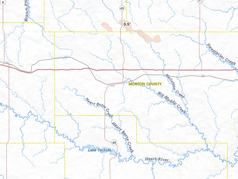 Radar-estimated hail-size map of the storm over Glen Ullin, ND on Jul 18, 2026