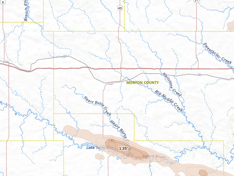 Radar-estimated hail-size map of the storm over Glen Ullin, ND on Jul 19, 2026