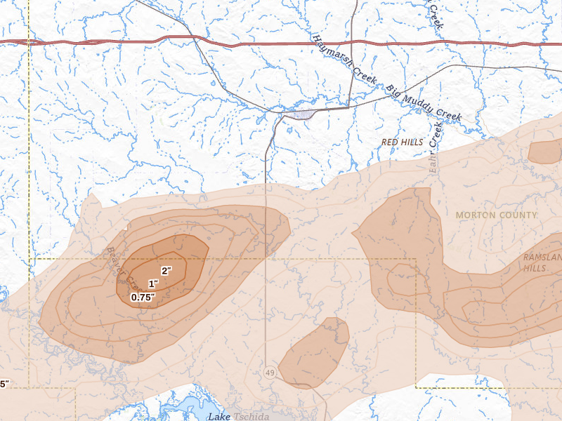 Radar-estimated hail-size map of the storm over Glen Ullin, ND on Aug 11, 2026