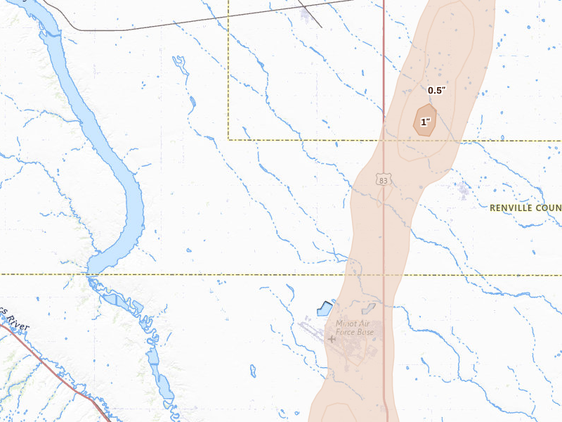 Radar-estimated hail-size map of the storm over Glenburn, ND on Jun 28, 2026
