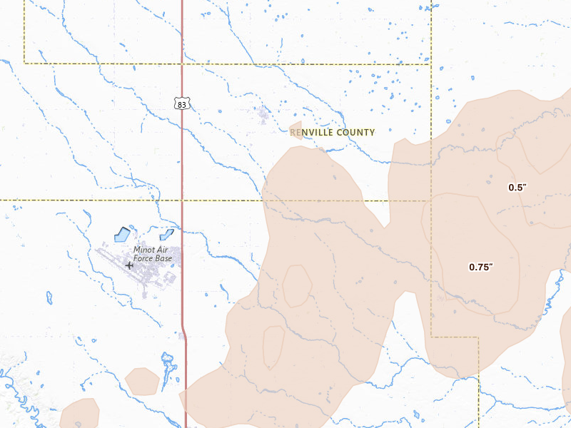 Radar-estimated hail-size map of the storm over Glenburn, ND