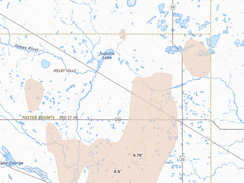 Radar-estimated hail-size map of the storm over Glenfield, ND on Jun 9, 2026