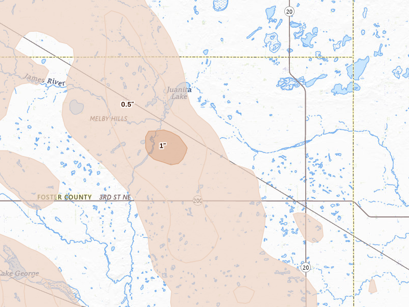 Radar-estimated hail-size map of the storm over Glenfield, ND on Jul 9, 2026
