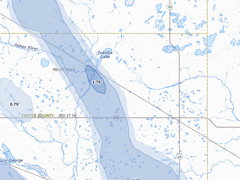 NEXRAD radar-signature map of the hail storm over Glenfield, ND on Jul 9, 2026