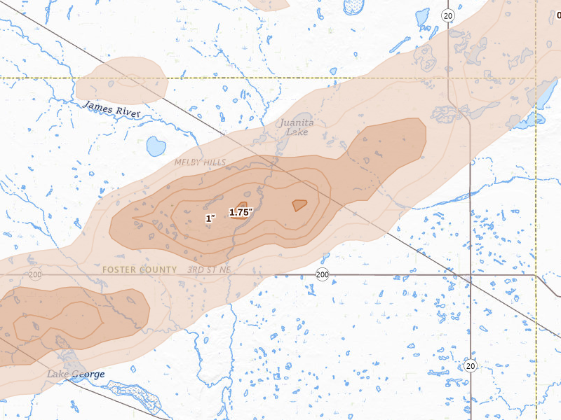Radar-estimated hail-size map of the storm over Glenfield, ND on Aug 24, 2026