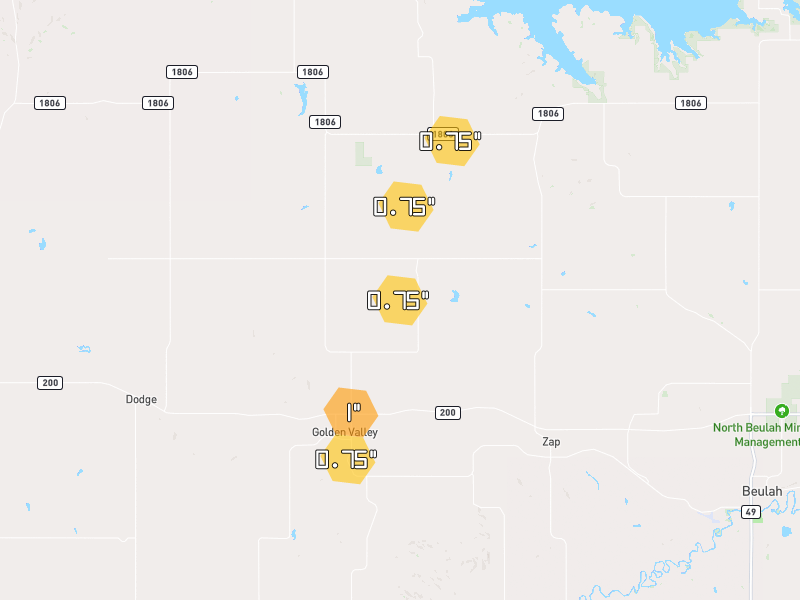 Hail map of Golden Valley, ND on Jun 9, 2026, hail up to 1"