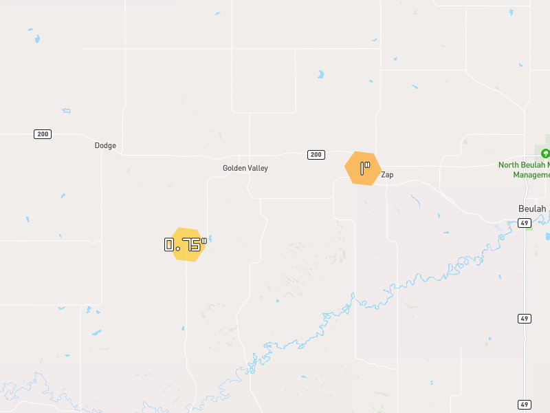 Hail map of Golden Valley, ND on Jun 28, 2026, hail up to 1"