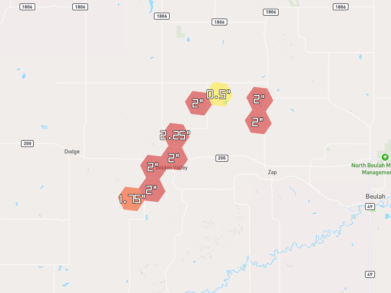 Hail map of Golden Valley, ND on Jun 29, 2026, hail up to 2.25"