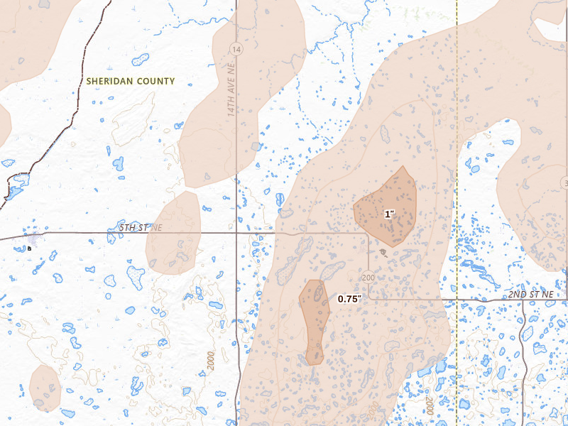 Radar-estimated hail-size map of the storm over Goodrich, ND on Jun 9, 2026