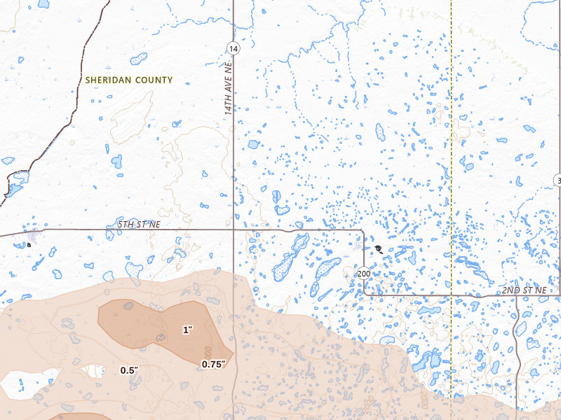 Radar-estimated hail-size map of the storm over Goodrich, ND on Jul 24, 2026