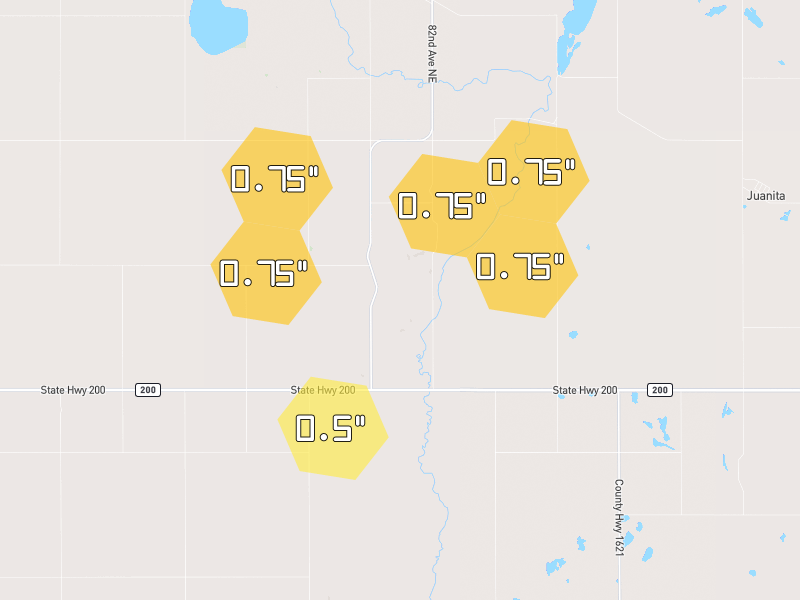 Hail map of Grace City, ND on Jun 30, 2026, hail up to 0.75"