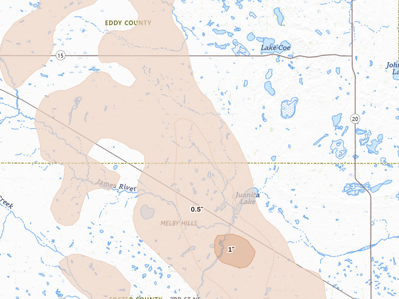 Radar-estimated hail-size map of the storm over Grace City, ND on Jul 9, 2026