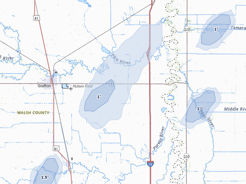 NEXRAD radar-signature map of the hail storm over Grafton, ND on Jun 29, 2026