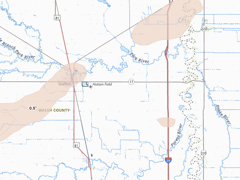 Radar-estimated hail-size map of the storm over Grafton, ND on Aug 2, 2026