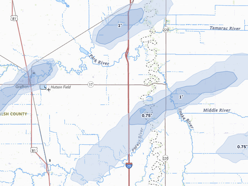 NEXRAD radar-signature map of the hail storm over Grafton, ND on Aug 2, 2026