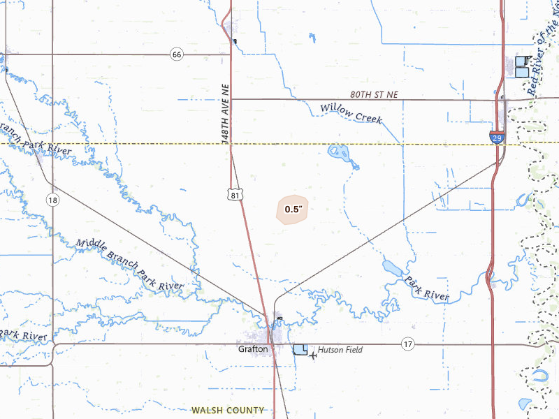 Radar-estimated hail-size map of the storm over Grafton, ND