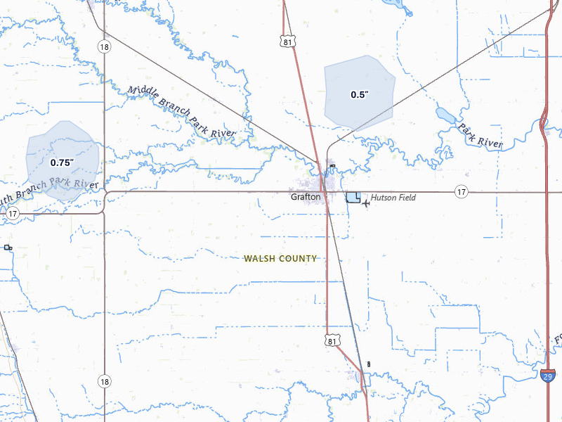 NEXRAD radar-signature map of the hail storm over Grafton, ND on Sep 6, 2026