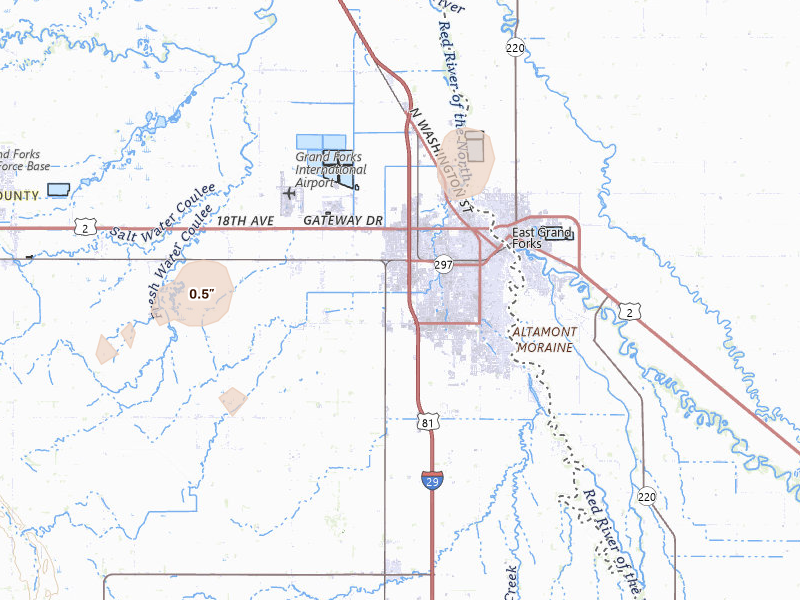 Radar-estimated hail-size map of the storm over Grand Forks, ND on Jun 3, 2026