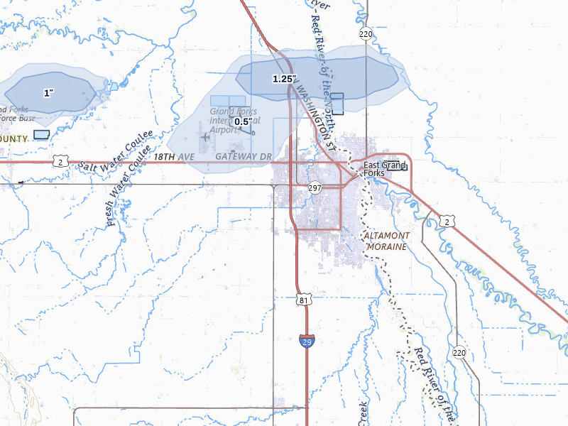 NEXRAD radar-signature map of the hail storm over Grand Forks, ND on Jun 3, 2026