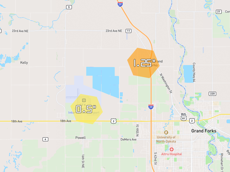 Hail map of Grand Forks, ND on Jun 3, 2026, hail up to 1.25"