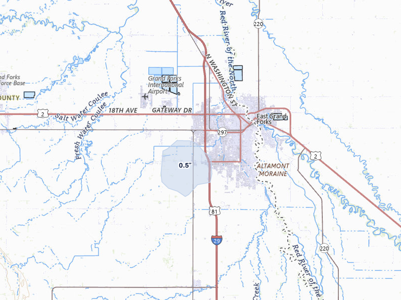 NEXRAD radar-signature map of the hail storm over Grand Forks, ND on Jun 27, 2026