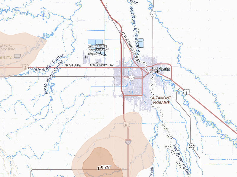 Radar-estimated hail-size map of the storm over Grand Forks, ND on Jul 30, 2026