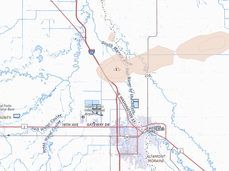 Radar-estimated hail-size map of the storm over Grand Forks, ND