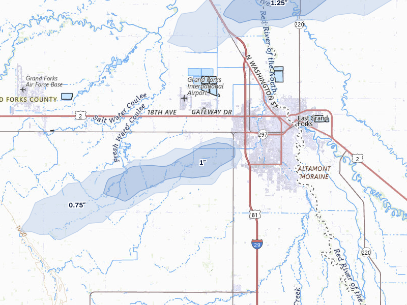 NEXRAD radar-signature map of the hail storm over Grand Forks, ND on Aug 2, 2026