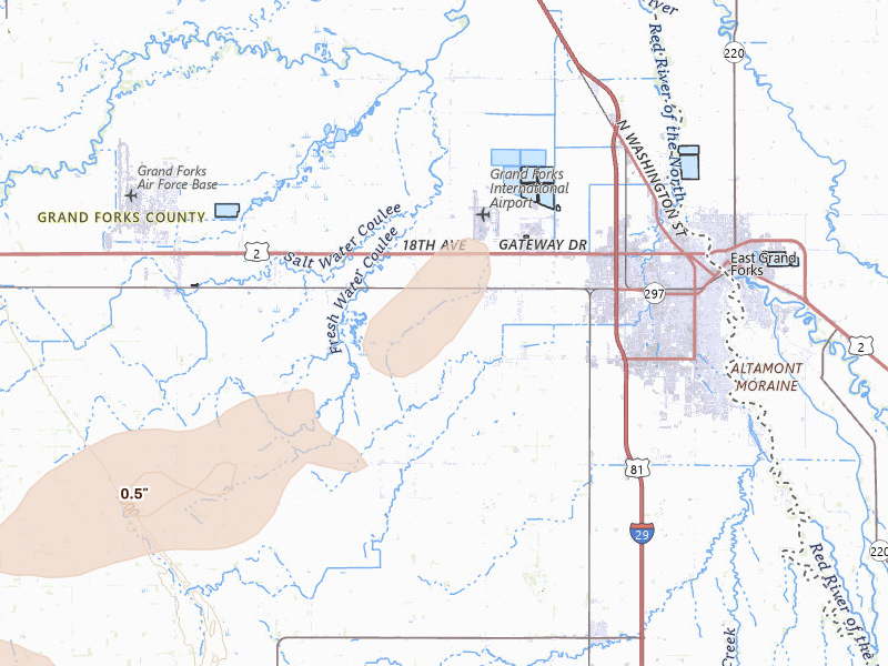 Radar-estimated hail-size map of the storm over Grand Forks, ND