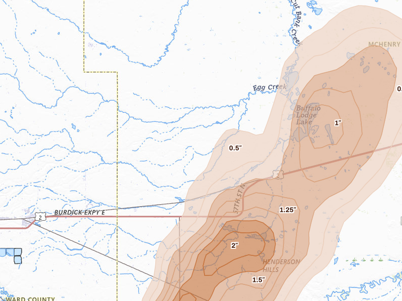 Radar-estimated hail-size map of the storm over Granville, ND on Jun 29, 2026