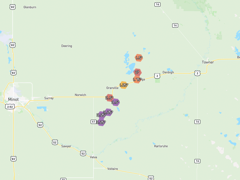 Hail map of Granville, ND on Jun 29, 2026, hail up to 3.5"