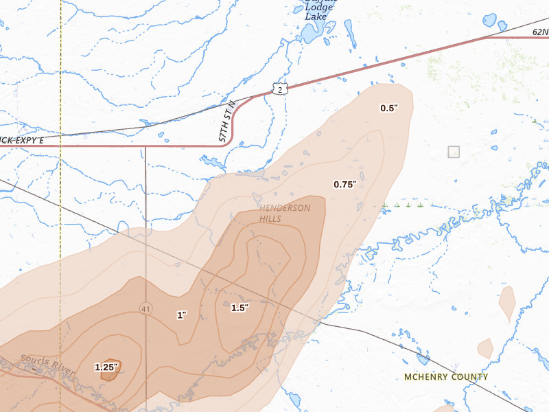Radar-estimated hail-size map of the storm over Granville, ND on Sep 2, 2026