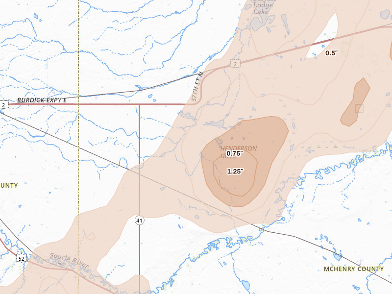 Radar-estimated hail-size map of the storm over Granville, ND on Sep 3, 2026