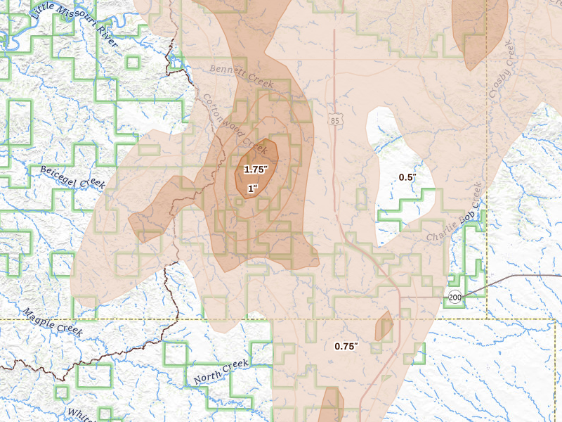 Radar-estimated hail-size map of the storm over Grassy Butte, ND on Jun 7, 2026