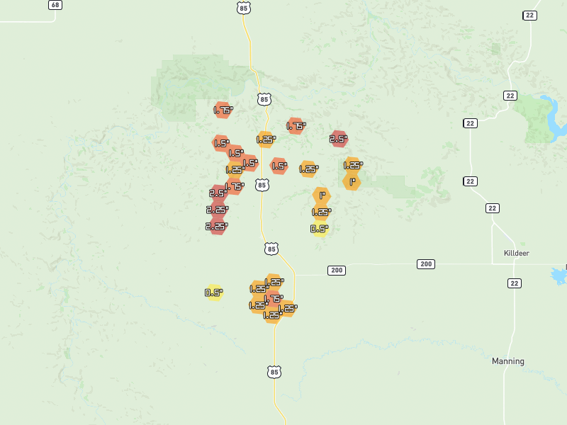 Hail map of Grassy Butte, ND on Jun 7, 2026, hail up to 2.5"
