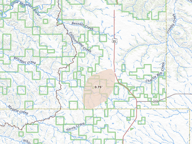 Radar-estimated hail-size map of the storm over Grassy Butte, ND on Jun 29, 2026