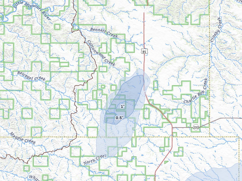 NEXRAD radar-signature map of the hail storm over Grassy Butte, ND on Jun 29, 2026