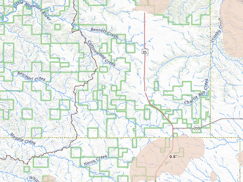 Radar-estimated hail-size map of the storm over Grassy Butte, ND on Jul 5, 2026