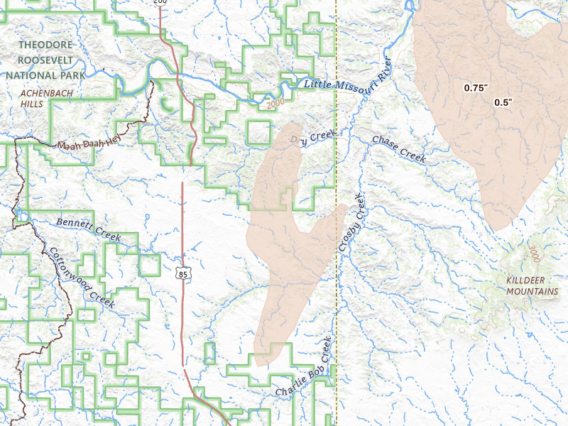 Radar-estimated hail-size map of the storm over Grassy Butte, ND on Sep 2, 2026