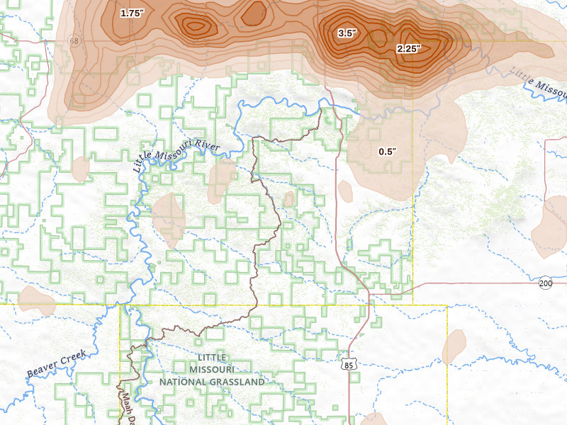 Radar-estimated hail-size map of the storm over Grassy Butte, ND