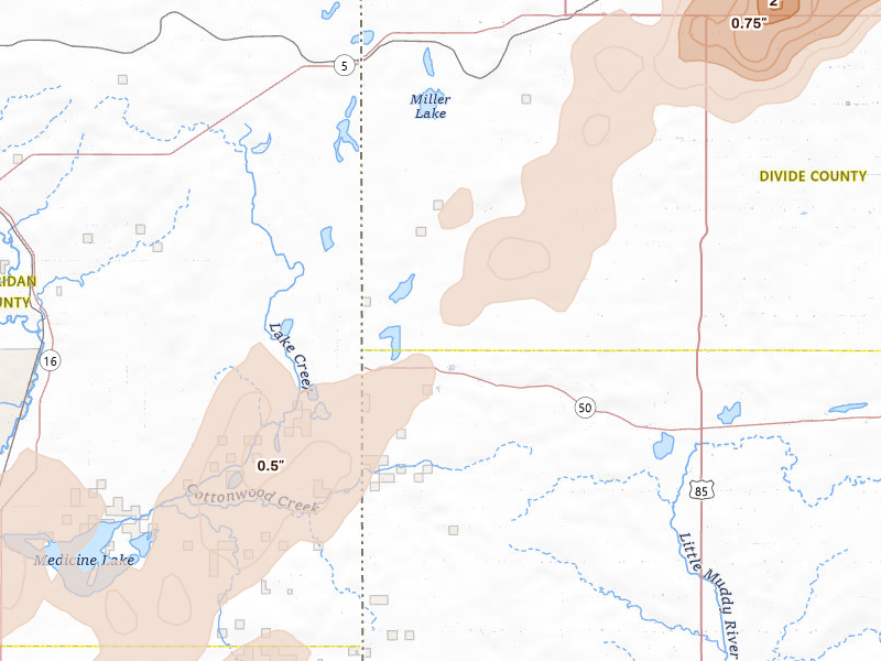 Radar-estimated hail-size map of the storm over Grenora, ND on Jun 6, 2026