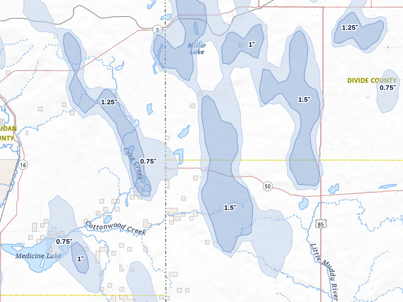 NEXRAD radar-signature map of the hail storm over Grenora, ND on Jun 27, 2026