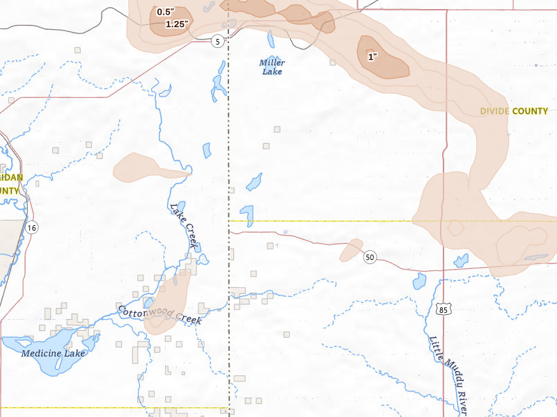 Radar-estimated hail-size map of the storm over Grenora, ND on Jul 2, 2026