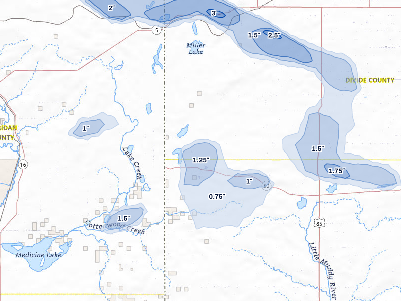 NEXRAD radar-signature map of the hail over Grenora, ND