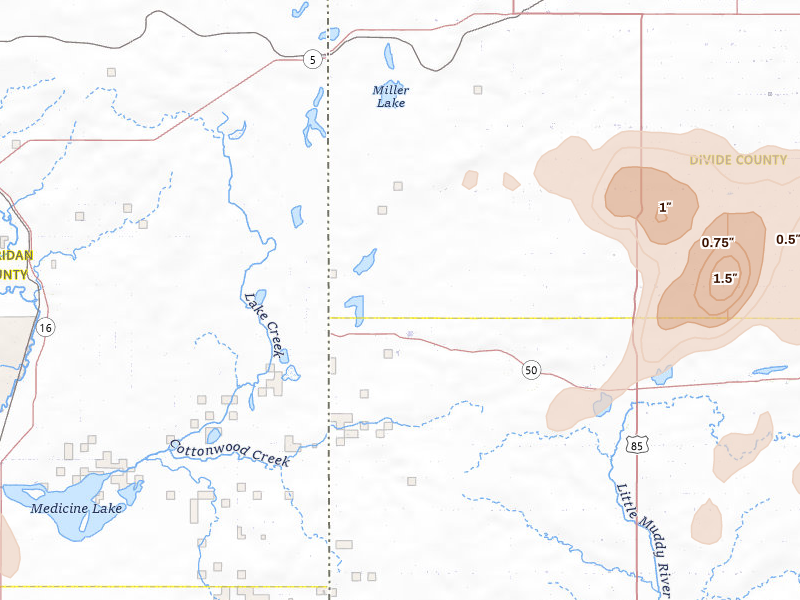Radar-estimated hail-size map of the storm over Grenora, ND on Jul 3, 2026