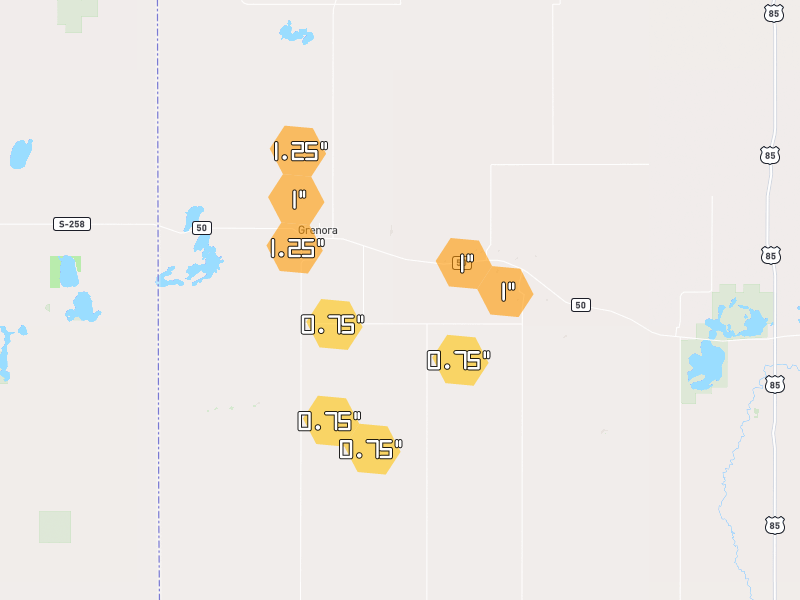 Hail map of Grenora, ND on Jul 3, 2026, hail up to 1.25"