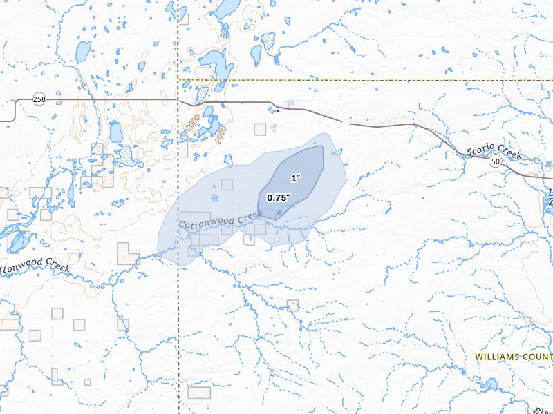 NEXRAD radar-signature map of the hail storm over Grenora, ND on Jul 5, 2026