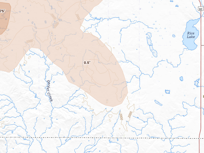 Radar-estimated hail-size map of the storm over Hague, ND on May 31, 2026