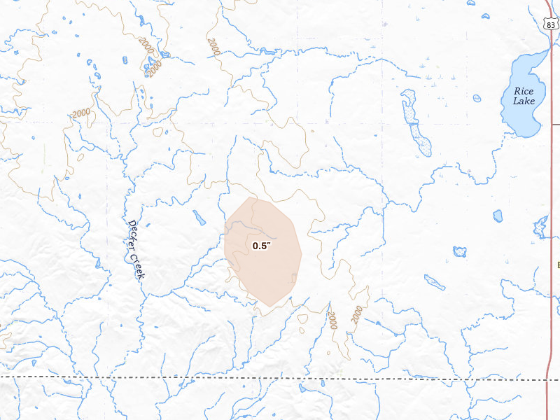 Radar-estimated hail-size map of the storm over Hague, ND on Jun 7, 2026