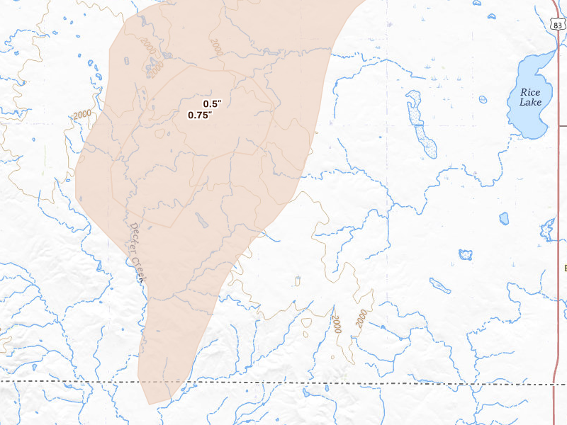 Radar-estimated hail-size map of the storm over Hague, ND on Jun 27, 2026